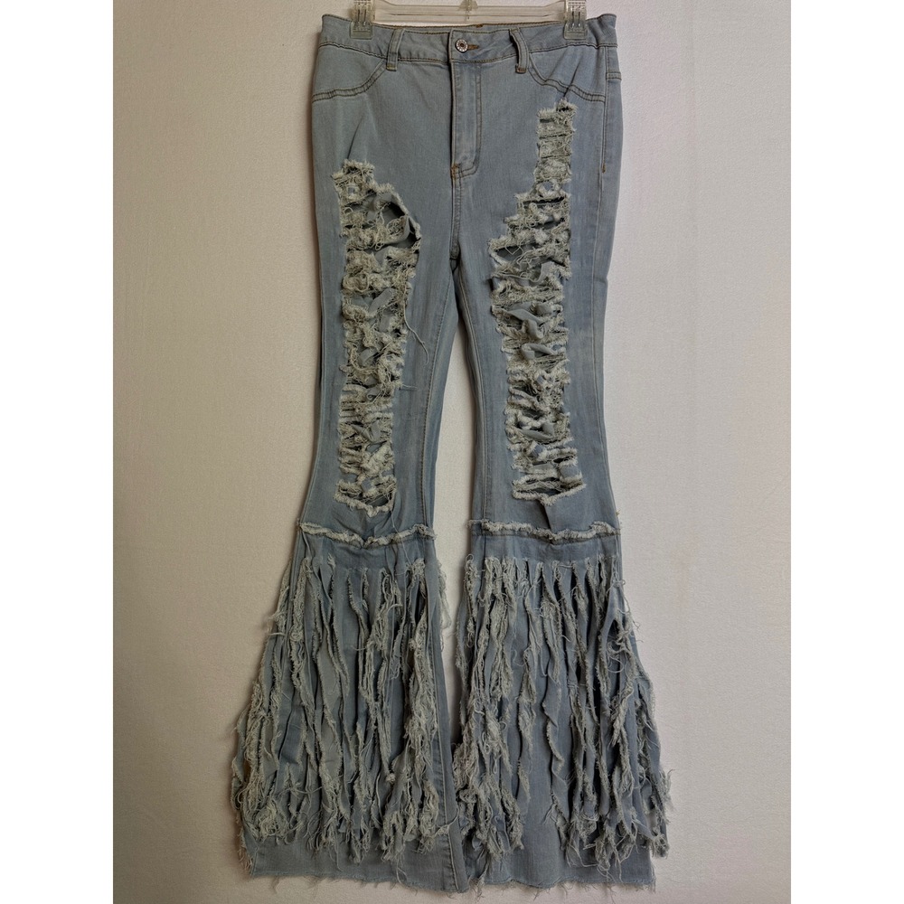 SHEIN Fringe Flare Jeans W30 L32 Light Wash Distressed Bell Bottom Festival Boho